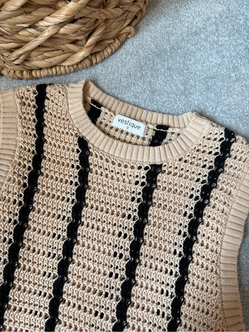 vestique Beige Crochet Knit Two-Piece Set with Black Stripes - Picture 2 of 4
